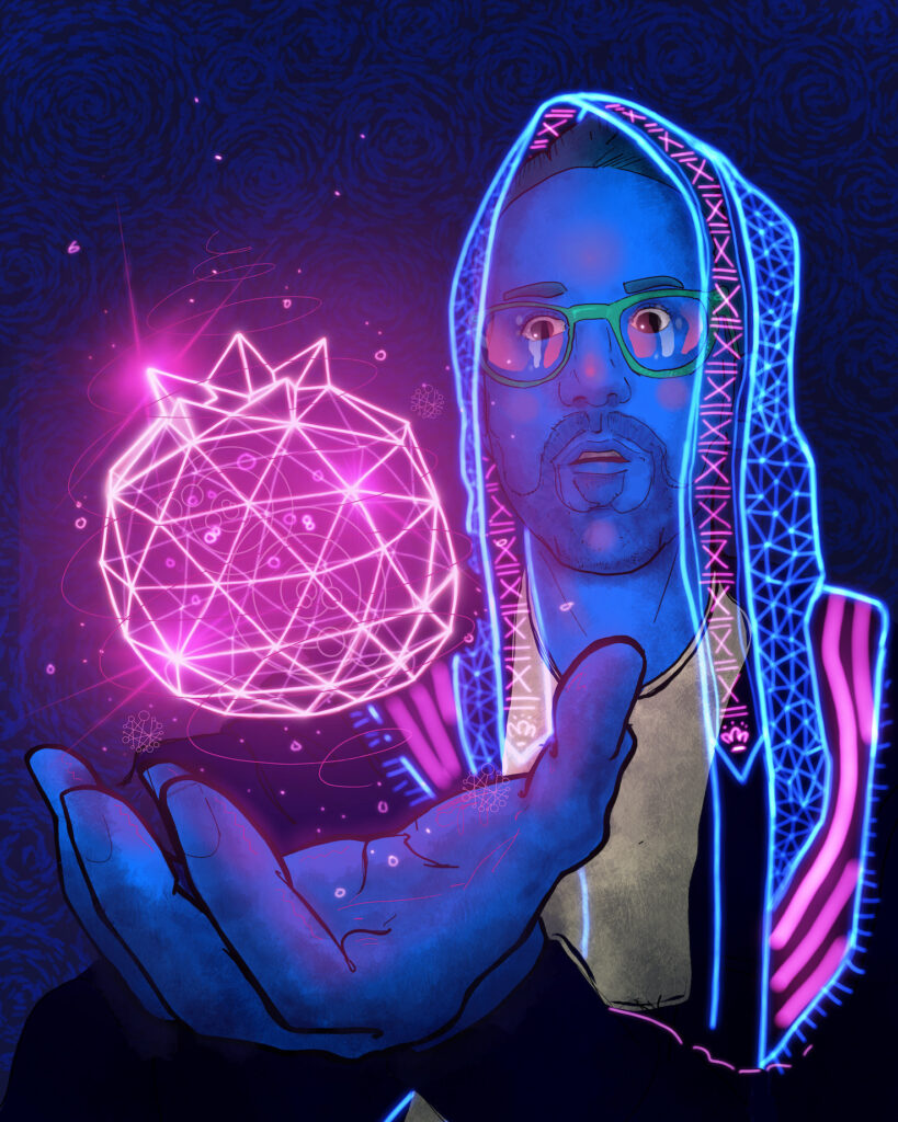 Futuristic self portrait of artist Mike Wirth holding a glowing holographic pomegranate